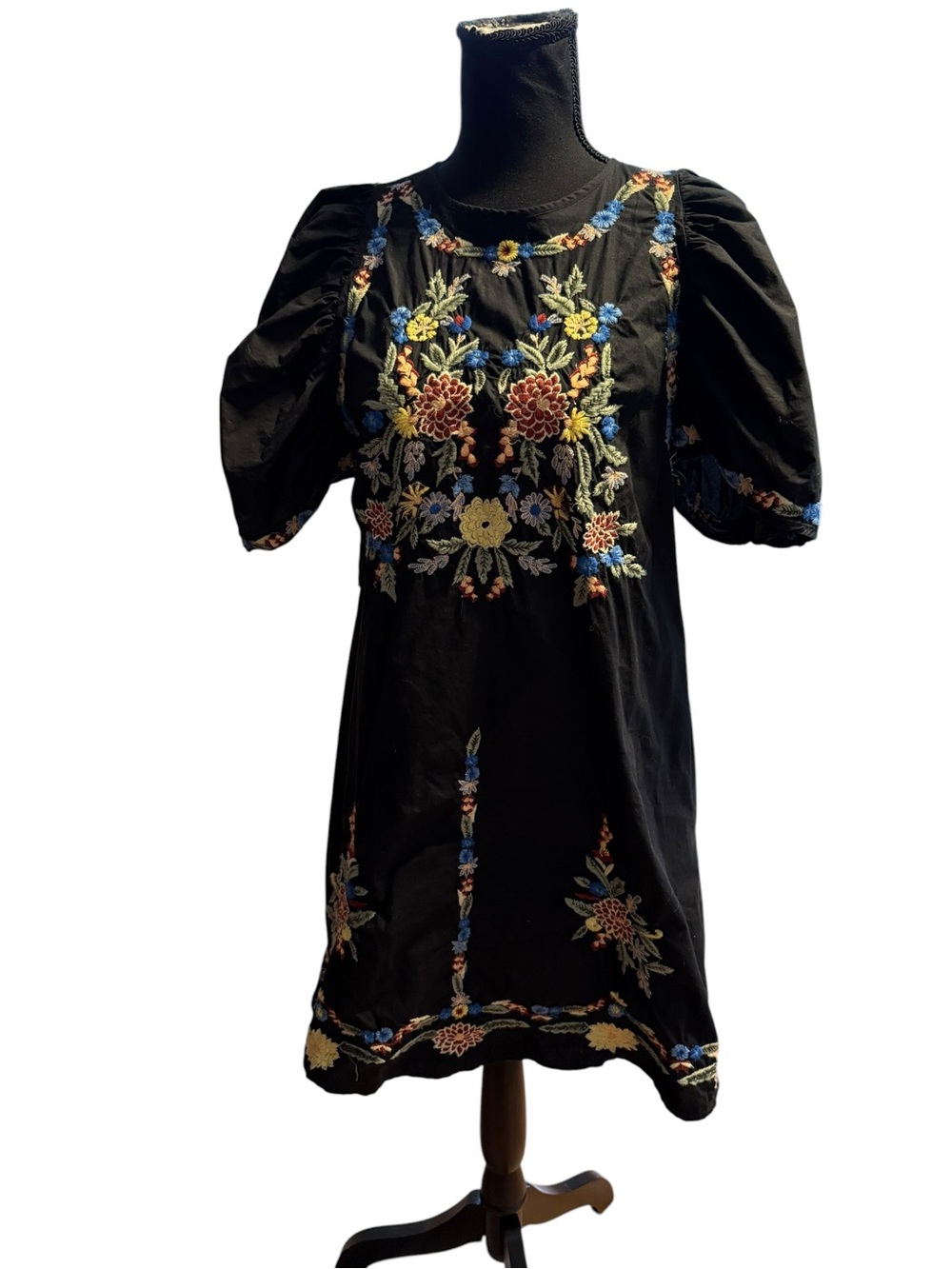Free People Black Mini Dress with Multicolor Floral Embroidery